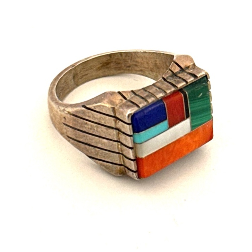 Multi Stone Mosaic Inlay Ring Size 8 Navajo Sterling Signed Ray Jack 11g Size 8